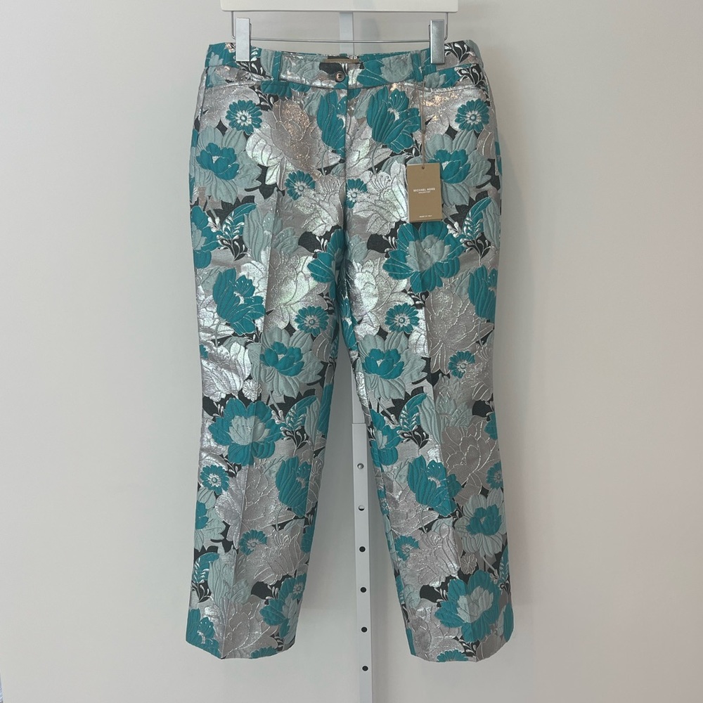 MICHAEL KORS COLLECTION METALLIC SILVER BLUE CROPPED TROUSERS SIZE 10 NWTS!